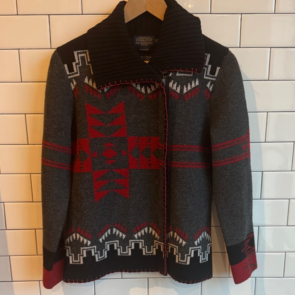 Pendleton Black and Red Geometric Cardigan